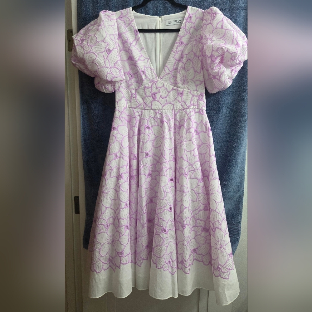 Mac Duggal Lilac and White Embroidered Dress with Puff Sleeves